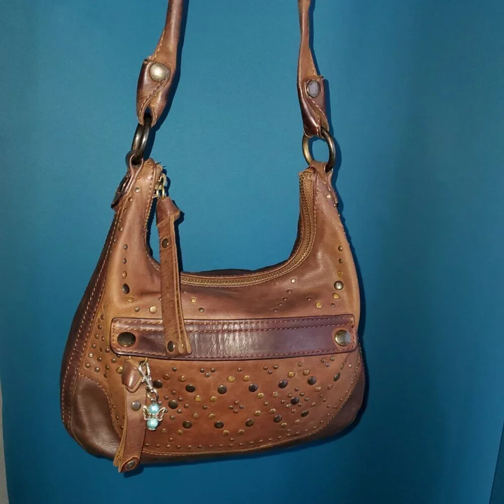 👜 FRYE Vintage Brown Leather Studded Hobo Shoulder Bag Boho